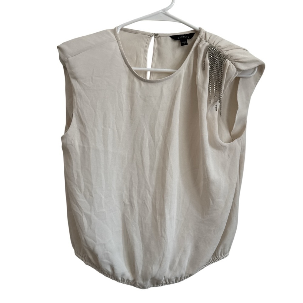Express Cream Sleeveless Blouse with Shoulder Embellishments